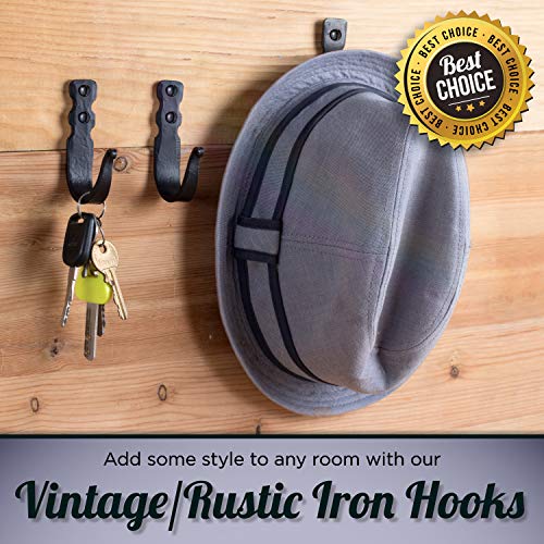 Stur-De Decorative Hooks for Wall - Wall Hooks for Hanging Coats, Hats & Bags, Rustic Towel Hooks for Bathrooms or Kitchen - Wrought Iron Farmhouse Hangers - Pack of 3, Black - 3.3 x 2 x 0.8 Inches