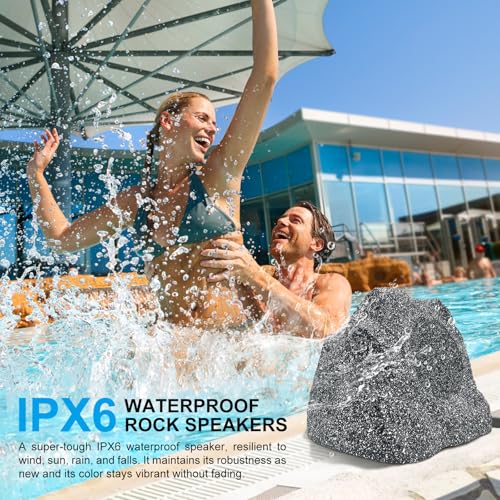 Herdio 6.5" Outdoor Rock Bluetooth Speakers Waterproof 400 Watt Resin Material All Weather for Deck Pool Backyard Patio Garden BBQ (1 Pair)