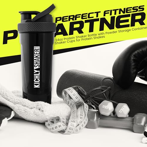 Kichly Shaker Bottle 1 Pack - 24 Ounce Plastic Protein Shaker Bottle for Pre & Post workout with Twist & Lock Protein Box Storage (Black)