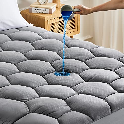 SONIVE Waterproof Mattress Pad Dorm Bedding, Waterproof Fluffy Soft Breathable Noiseless Quilted Fitted Mattress Protector, Down Alternative Filling Topper Deep Pocket up to 21'' (Grey, Twin)