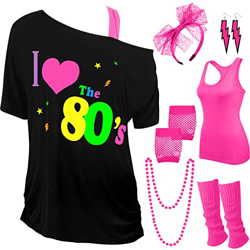 Didaey I Love The 80's Disco 80s Costume Print Off Shoulder Tops Tank Top Headband Earring Necklace Legwarmers Fishnet Gloves (Rose Red,Small)