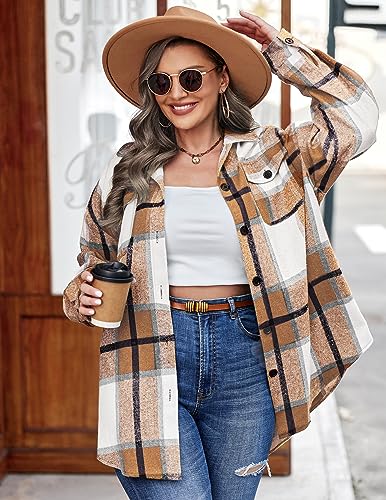 IN'VOLAND Women's Flannel Plaid Shacket Casual Button Down Long Sleeve Flannel Shirts Plus Size Lapel Fall Jacket Pink 16W