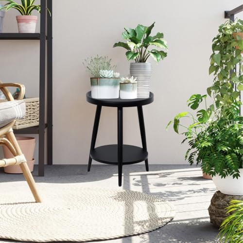 FANTERSI Small Round Side Table, 2-Tier Mid Century Modern Side Table, Round End Table Small Side Table for Living Room, Metal Frames, Black