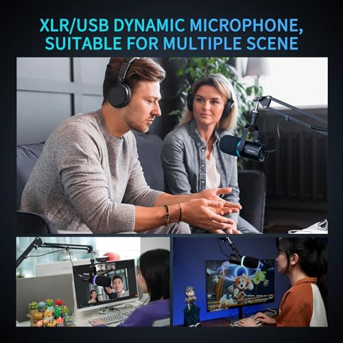 FEELWORLD PM1 XLR USB Dynamic Microphone for Podcast Recording PC Computer Gaming Live Streaming Vocal Voice-Over, Studio Metal Mic with Voice-Isolating, RGB Light, Mute Button, Headphones Jack