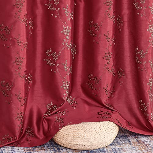 jinchan Floral Curtains Embroidered Curtains for Living Room 63 Inch Length Faux Silk Curtains Burgundy Red Flower Patterned Drapes Light Filtering Curtains Window Curtain Set 2 Panels