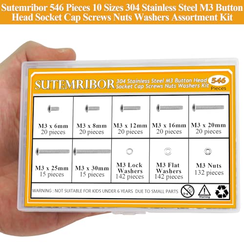546 Pieces M3 Screws Nuts Washers Set, Sutemribor M3 x 6/8/12/16/20/25/30mm Button Head Socket Cap Screws Nuts Washers Assortment Kit, 304 Stainless Steel, Fully Threaded