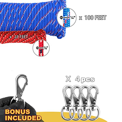 Wellmax Diamond Braided Nylon Rope with Uv Treatment and Weather Resistant, 2 Pack 1/4 Inch X 100ft, 3/16" X 25ft Multi-Color with 4 Bonus Quick Links