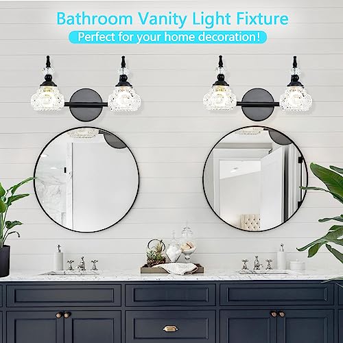 WJShome 2 Light Black Bathroom Vanity Light, Bathroom Vanity Lights Over Mirror, with Fine Chunky Crystal Glass Light Shade for Bedroom Living Room Bathroom Hallway Patio