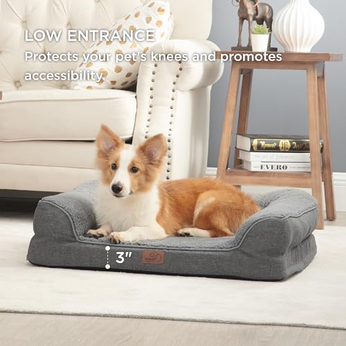 Bedsure Memory Foam Dog Bed for Large Dogs - Orthopedic Egg Foam Dog Sofa Bed with Soft Sherpa Surface, Bolster Pet Couch with Removable Washable Cover, Waterproof Layer and Nonskid Bottom, Dark Grey