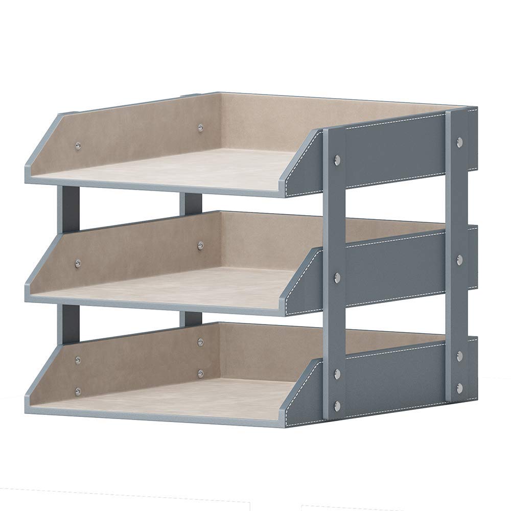 Leather Desk Organizer, Thipoten 3-Tier Stackable Letter Tray Holder for Office Supplies, Paper, File, Magazine, Perfect Office Organization for Desktop (Grey-3Tiers)