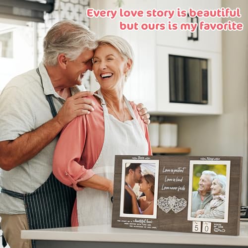 Then and Now Anniversary Picture Frame, 1-99 Years Wedding Gift Ideas, Engagement Bridal Shower Gifts, 25th Anniversary Wood Double Photo Frame for Couple, 4x6 Inches Photos