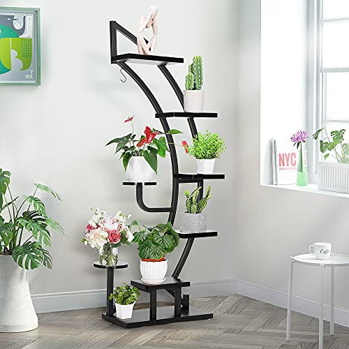 VIVOHOME 6 Tier 9 Potted Steel-Wood Plant Stand with Hanger, Curved Flower Pot Holder Shelf for Indoor, Black
