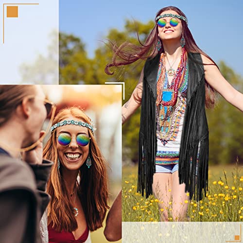 6 Pcs 60s 70s Outfits for Women Hippie Costume Accessories Fringe Vest Sunglasses Necklaces Earring Headband(Black,Small)