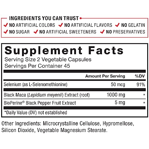 FORCE FACTOR Black Maca Root 1000mg, Vitality Supplement for Men with Black Pepper Extract for Absorption, Natural Maca Negra Extract, 90 Capsules