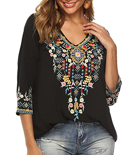 Higustar Mexican Shirts for Women Embroidered Tops Bohemian Peasant Blouse Plus Size Tunic Fiesta Cotton Clothes White