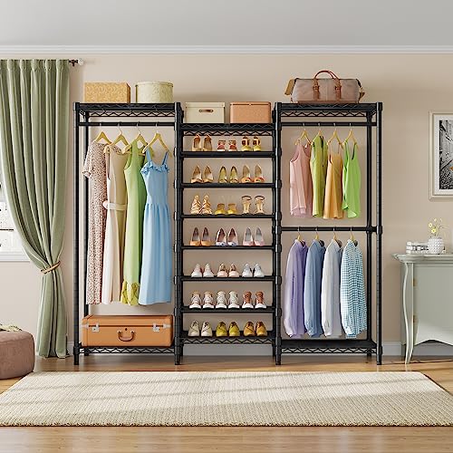 VIPEK S3 Heavy Duty Garment Rack Freestanding Clothes Rack Closet Storage Organizer Large Wardrobe with 6-Tier Shoe Rack, Hanging Rod, Adjustable Shelf, 68.9" L x 15.7" W x 76.4" H, Black