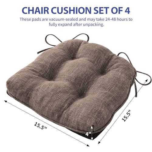 IPYNBAP Chair Cushions for Dining Chairs Set of 2, Indoor Kitchen Chair Cushions with Ties and Non Slip Backing, Tufted Shredded Memory Foam Kitchen Chair Pads, 15.5" x 15.5" x 4", Brown