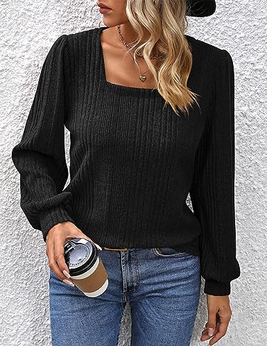 ZILIN Womens Long Sleeve Tunic Tops Lantern Sleeve Square Neck Winter Shirts Dressy Casual Black S