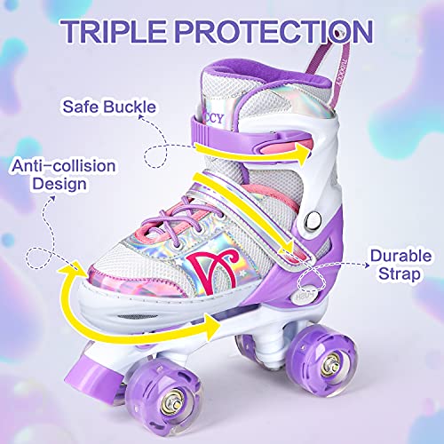 Roller Skates for Kids, Shine Skates 4 Size Adjustable Roller Skates with Light up Wheels for Girls, Teens, Outdoor Rollerskates for Beginners & Advanced | Purple, L - 3Y-6Y (Large, Purple)