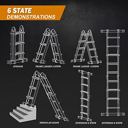 Soctone Ladder, A Frame 3 Step Ladder Extension Ladder, 11 Ft Multi Position Ladder & Removable Tool Tray with Stabilizer Bar, 330 lbs Weight Rating Telescoping Ladder for Household or Outdoor Work