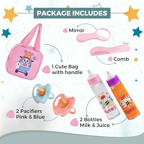 Baby Doll Set – 7 Piece Adorable Baby Doll Accessories with 2 Baby Doll Bottles, 2 Doll Pacifiers, Comb and Mirror – Baby Doll Toys for Kids in a Cute Bag with Handle – Disappearing Baby Doll Bottle