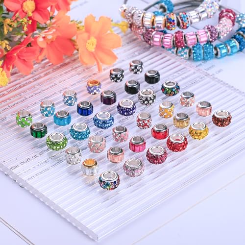 Aipridy 30 Pcs Lucky Beads Lover Pearls and Glass Rhinestones Amber Beads, Large Hole Spacer Beads European Craft Beads fit DIY Charms Bracelet Jewelry Making (Silver core+3 rows bicolor rhinestone)