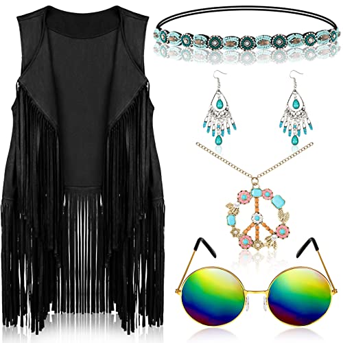 6 Pcs 60s 70s Outfits for Women Hippie Costume Accessories Fringe Vest Sunglasses Necklaces Earring Headband(Black,Small)