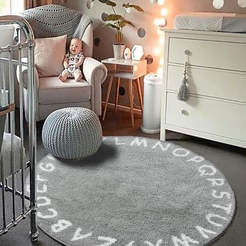 Lahome ABC Alphabet Kids Round Rug - 3' Diameter Grey Washable Area Rugs, Non-Slip Baby Rug Soft Playtime Collection, Cute Furry Plush Shaggy Floor Carpet for Bedroom Playroom Nursery Room