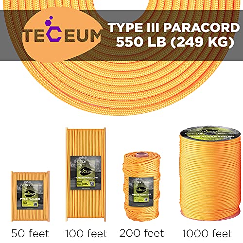 TECEUM Paracord Type III 550 Dark Grey β 50 ft β 4mm β Tactical Rope MIL-SPEC β Outdoor para Cord βCamping Hiking Fishing Gear and Equipment β EDC Parachute Cord β Strong Survival Rope 030