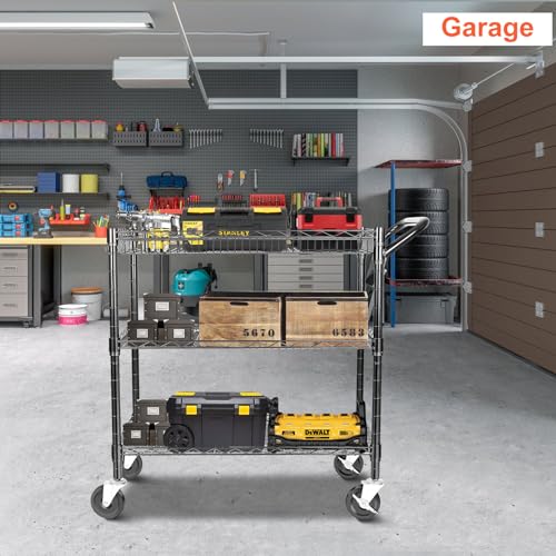 BolDuck Heavy Duty Utility Cart on Wheels,990Lbs Capacity 3 Tier Rolling Carts with Wheels,Kitchen Cart on Wheels with Storage,Commercial Grade Metal Serving Cart with Wire Shelving &Handle Bar,Black