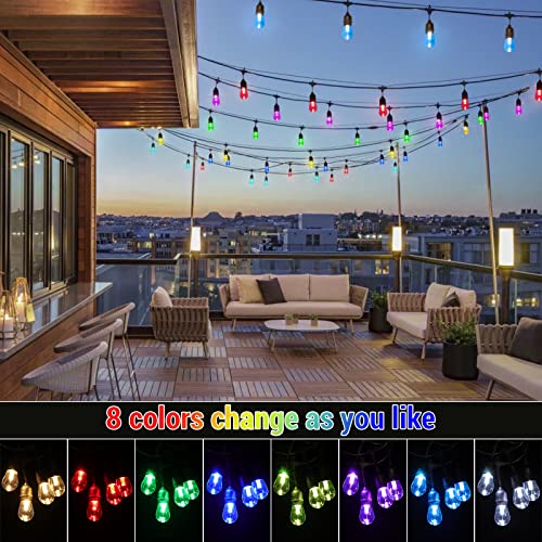 WENFENG 48FT Solar Outdoor RGB String Lights, 15+3 Waterproof Shatterproof LED Bulbs Dimmable Patio String Lights with Remote, Commercial Solar String Light for Patio Yard