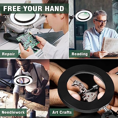 Nerefou Magnifying Glass with Light and Stand, 10X Magnifying Lamp, 2-in-1 Magnifying Desk Lamp with Clamp, 3 Color Mode, Magnifying Glasses with Light for Close Work (1st Generation Base & Clamp)