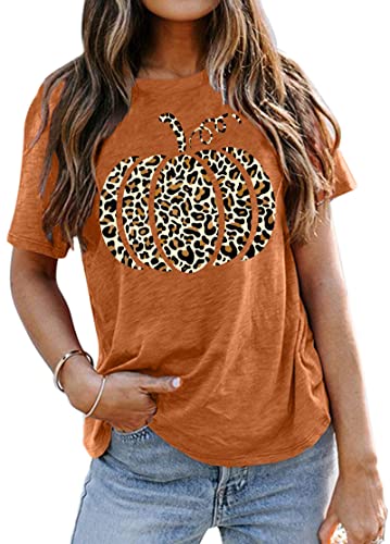 Halloween Pumpkin Shirt Women Leopard Graphic Tees Short Sleeve Fall T-Shirt Thanksgiving Gift Tops