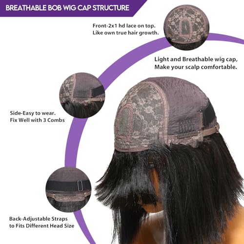 BAOHUKE 10 Inch Yaki Straight Bob Wig With Bangs Human Hair Glueless 2x1 Closure HD Lace Short Black Bob Wigs With Bang Human Hair Ready to Go 180% Density For Black Women