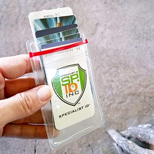 5 Pack - Heavy Duty Vertical Resealable Vinyl Badge Holders for Employee or Student ID - Clear Water Resistant with Red Seal Holds Multiple Cards - Secure Sleeves for Badges by Specialist ID