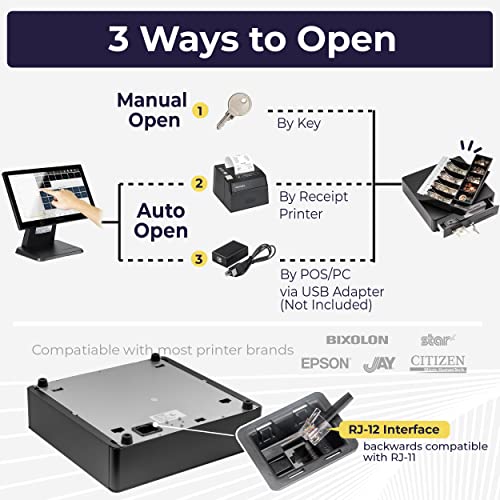 Volcora Cash Register Drawer for (POS) Point of Sale System with Round Corner 13", Removable Coin Tray, 4 Bill/5 Coin, 24V, RJ11/RJ12 Key-Lock, Media Slot,Cash Till for Businesses, Black