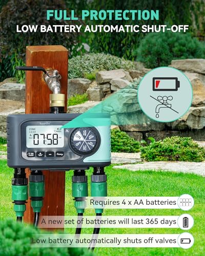 RAINPOINT Sprinkler Timer, 4 Outlets Hose Timer with Brass Inlet, Water Timer with Rain Delay/Manual/Automatic Timed Controller System, Programmable Digital Irrigation Timer for Lawn Yard, 4 Zone