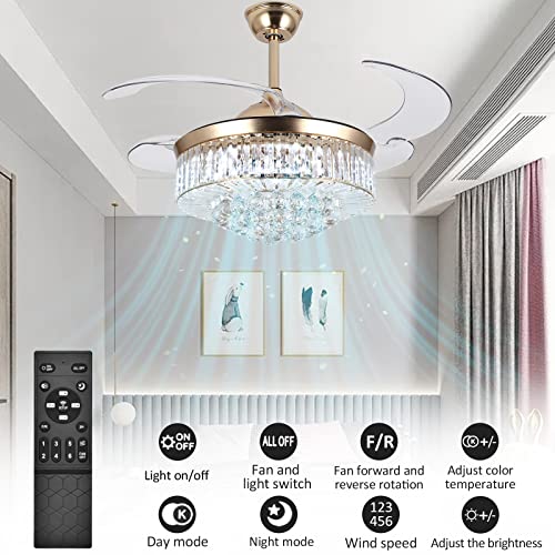 wuyule 42 Inches Crystal Ceiling Fan Golden Modern Crystal Chandelier Ceiling Fan with Lights and Remote, Invisible Fandelier LED Light kit with Retractable Blades for Indoor Living Room Bedroom