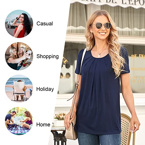 Anymeet Woman's Spring Tunic Tops Short Sleeve Casual Tee Shirt Pleated Hide Belly Blouse for Leggings Plus Size Navy Flowers 2X-Large
