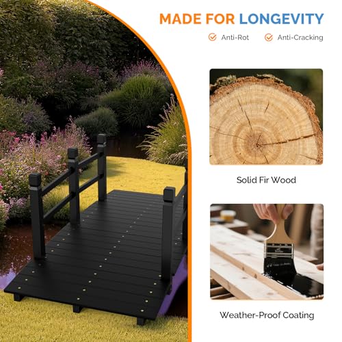 VINGLI Garden Bridge, Classic Wooden Arch with Safety Rails Footbridge (Black, 5 ft)