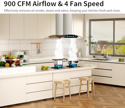 IKTCH Upgrated 30"Island Mount Range Hood,900 CFM Ducted Range Hood with 4 Speed Fan,Stainless Steel& Tempered Glass Range Hood 30 inch with Gesture Sensing&Touch Control Making life Smarter IKIS01-30