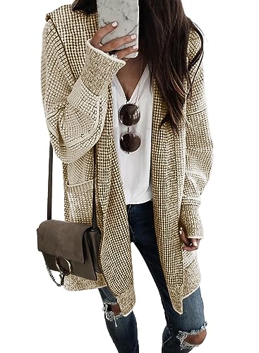 Sidefeel Cardigan Sweaters for Women Oversized Plaid Loose Fit Hooded Cardigans Open Front Fall Outfit 2024 Apricot Medium