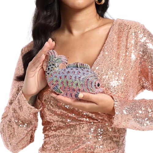 Boutique De FGG Fish Crystal Clutch Purse Formal Evening Bags Women Prom Clutch Bag Wedding Party Rhinestone Handbags,Mini,Multi Orange