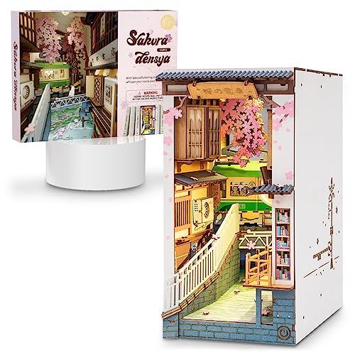 Rowood Book Nook Kit, Bookshelf Insert Decor Alley 3D Wooden Puzzle, DIY Bookend Building Set Model Kit with LED Light -Sakura Tram