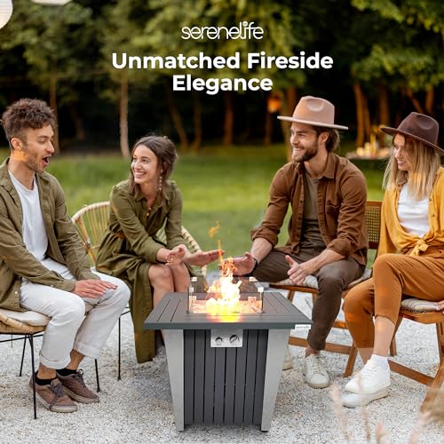 Outdoor Propane Fire Pit Table - CSA/ETL Certified 50,000 BTU Pulse Ignition Weatherproof Square Propane Gas Fire Table w/Adjustable Flame - Glass Wind Guard, Glass Rocks - SereneLife SLNFRE27