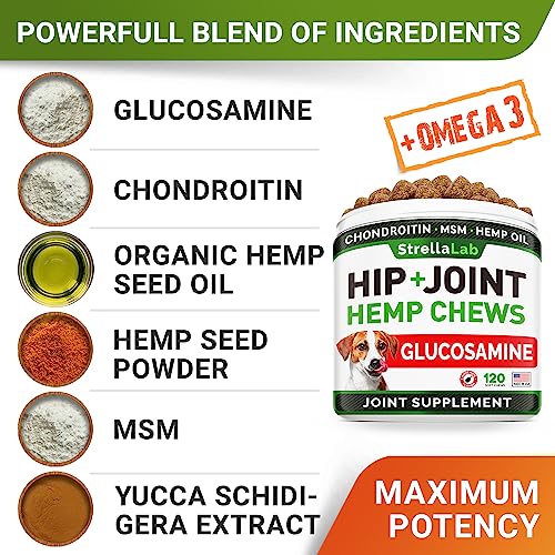 Advanced Hemp + Glucosamine Dog Joint Supplement - Hip Joint Pain Relief - Mobility Hemp Chews for Dogs - Chondroitin, MSM, Omega - Hemp Oil Treats - Made in USA - Lamb Flavor - 120 Hemp Treats