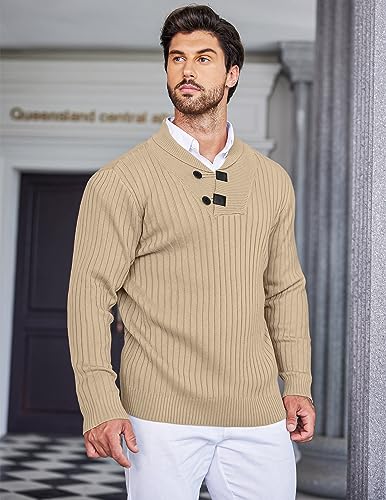 COOFANDY Men's Shawl Collar Sweaters Casual Slim Fit Button Knitted Pullover Sweater Navy Blue