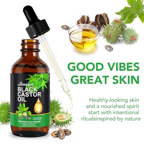 NIFEISHI 100% Pure Natural Cold Pressed Jamaican Black Castor Oil (2.02 Fl Oz, Glass Bottle) for Hair Growth, Body Care, Moisturizing Oil