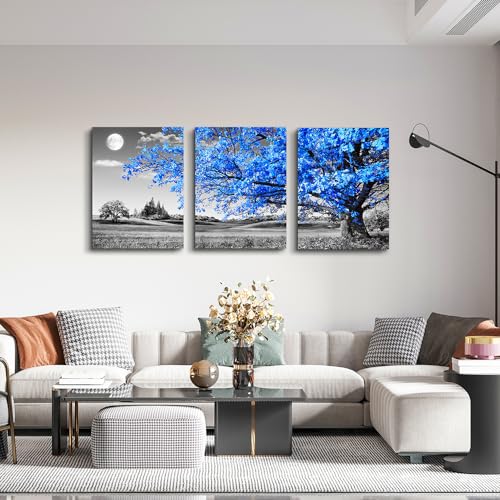 Lapremoly Canvas Wall Art For Salon Living Room Farmhouse Wall Decor For Bedroom Office Decor Black And White Landscape Wall Paintings Blue Trees Wall Pictures Modern Home Walls Artwork 3 Piece