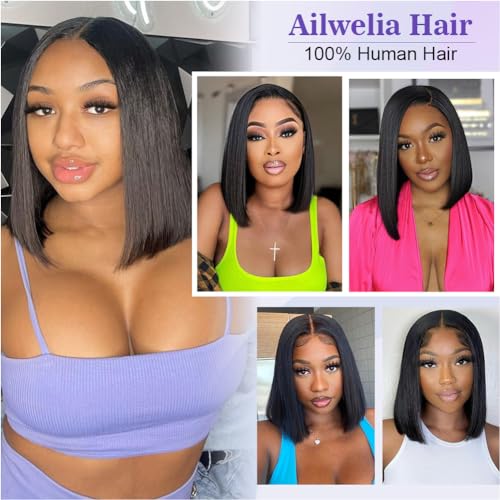 Ailwelia 5x5 Hd Lace Closure Wigs Human Hair Glueless Wigs Human Hair Pre Plucked Bob Wigs For Black Women Human Hair Glueless Wigs 200 Density 5x5 Closure Wigs Human Hair Wear And Go Glueless 12 Inch